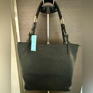 Aqua Madonna Black Woven Tote Bag